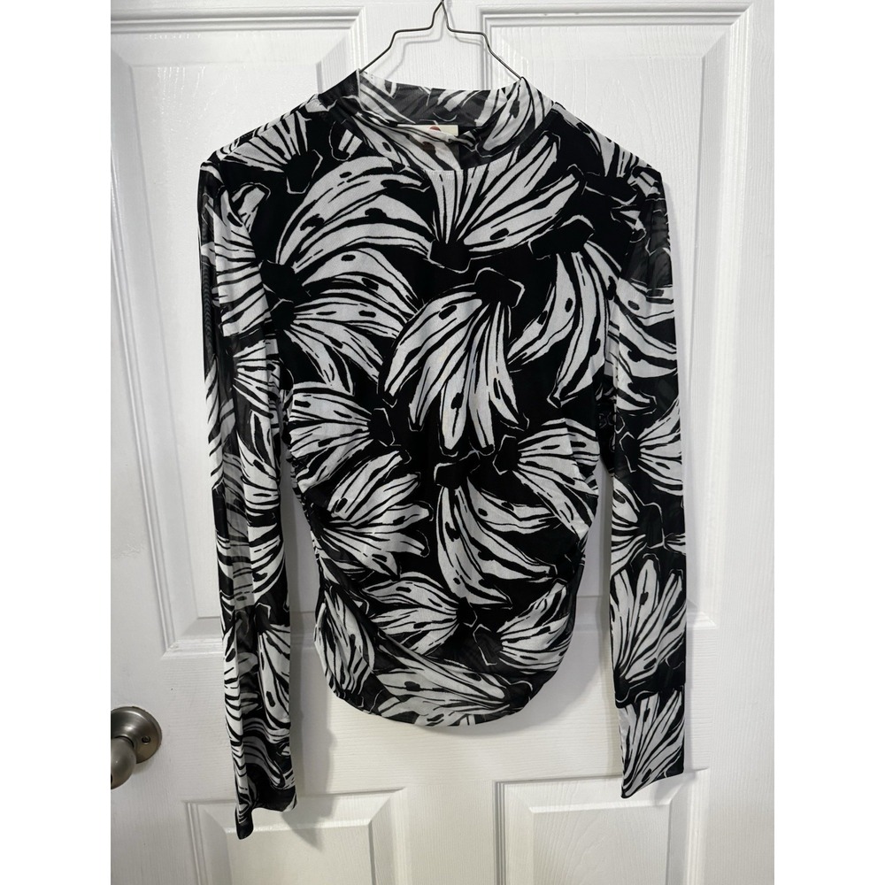 Farm Rio Women's Bossa Banana Black Tulle Ruched Blouse Top Sz M Black White LS